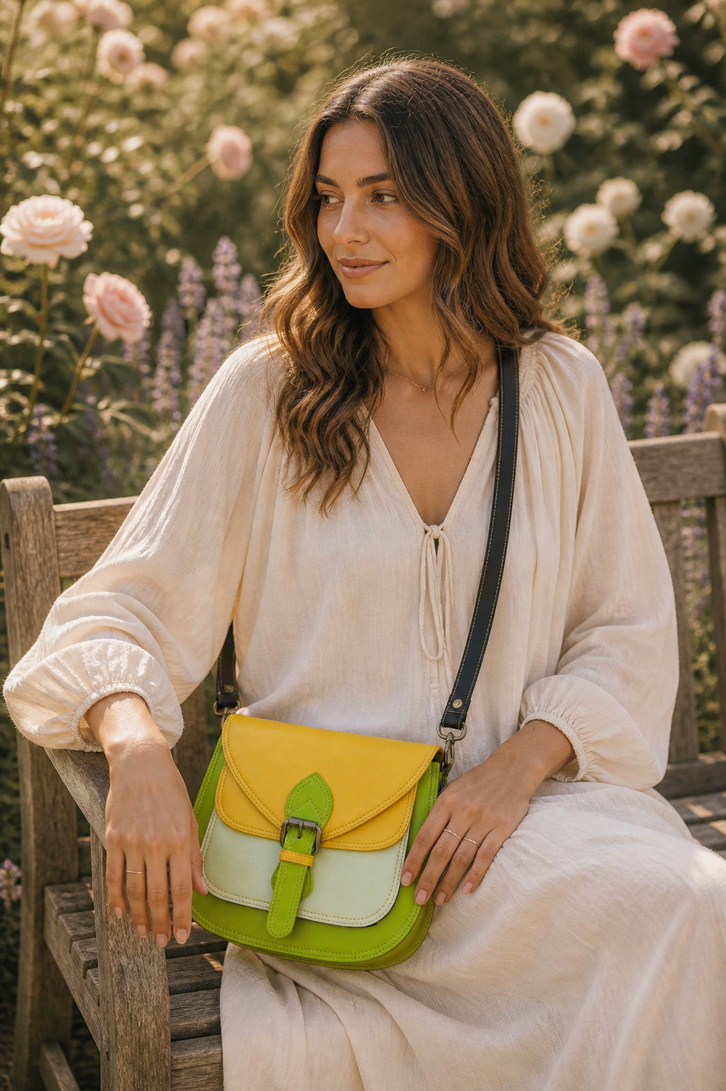Handmade Leather Crossbody Bag - Romy - Painted Garden - Primrose in vibrant yellow and green leather with floral background.