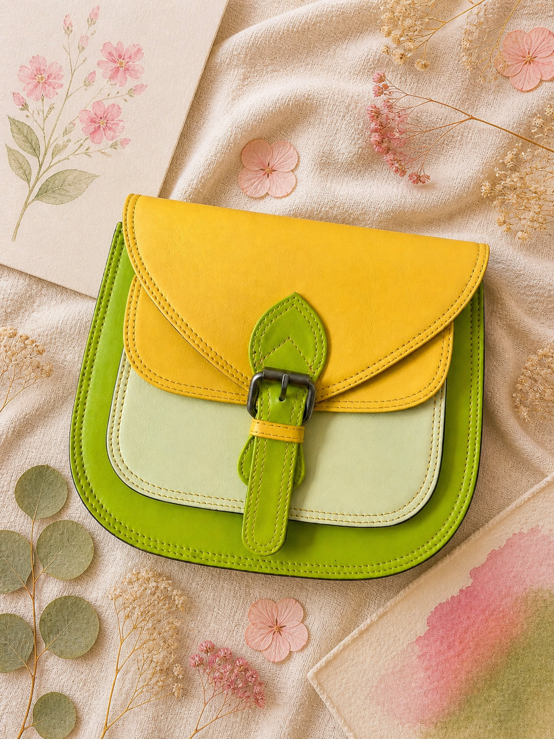 Handmade Leather Crossbody Bag - Romy - Painted Garden - Primrose in vibrant yellow and green leather with floral background.