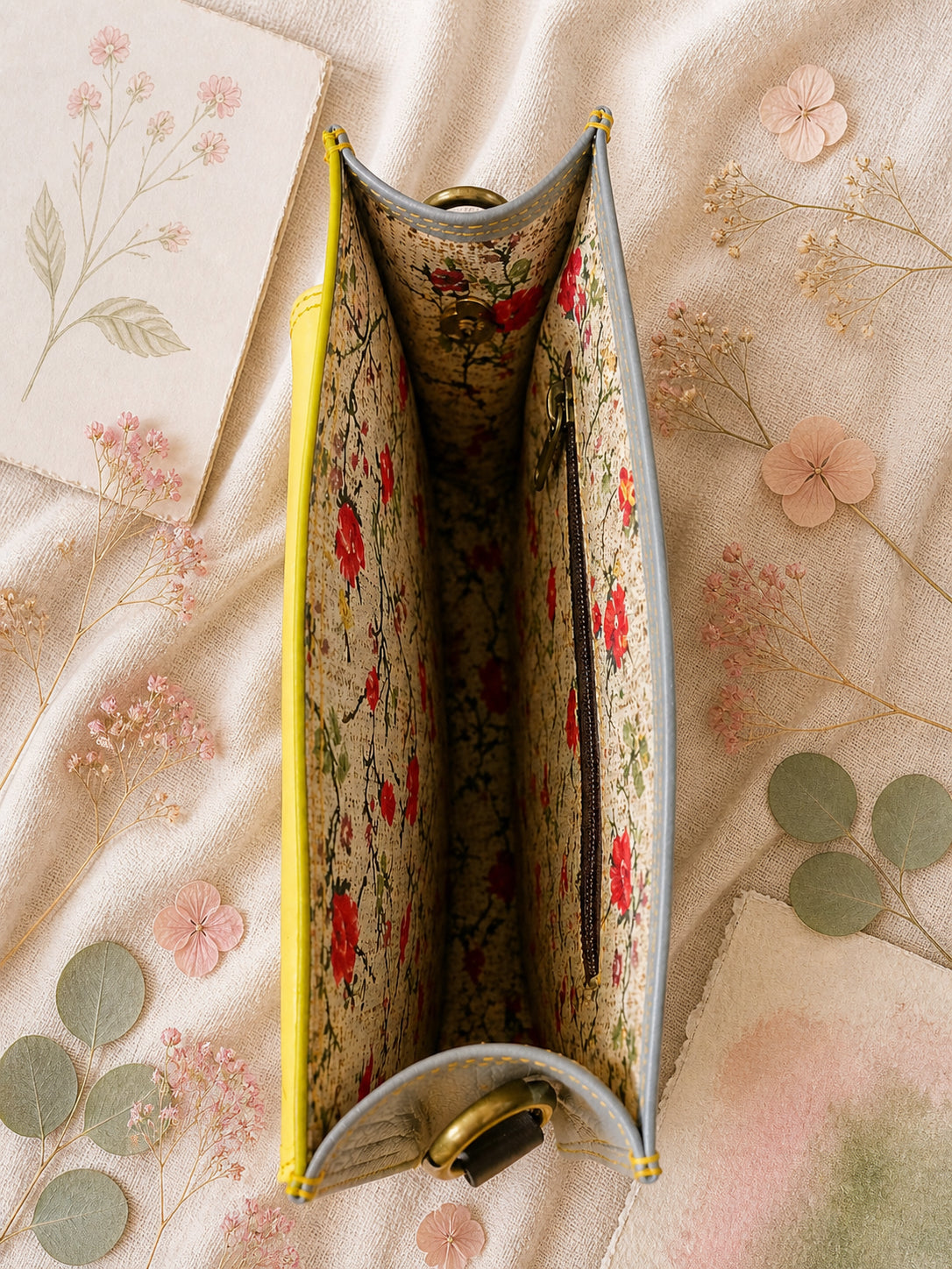 Handmade Leather Crossbody Bag - Romy - Painted Garden - Primrose in vibrant yellow and green leather with floral background.