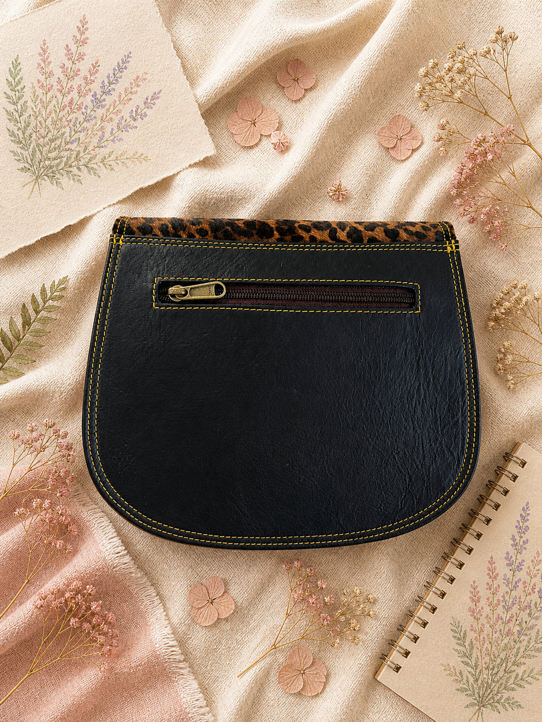 Handmade Leather Crossbody Bag - Romy - Painted Garden - Saffron featuring vibrant orange and leopard print design.