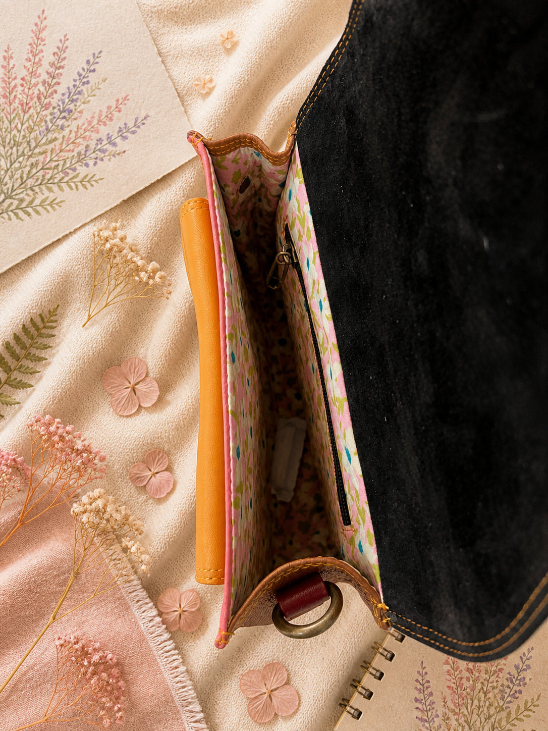 Handmade Leather Crossbody Bag - Romy - Painted Garden - Saffron featuring vibrant orange and leopard print design.