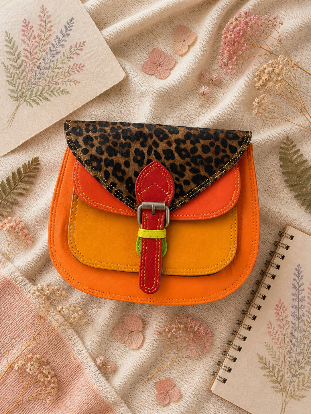 Handmade Leather Crossbody Bag - Romy - Painted Garden - Saffron featuring vibrant orange and leopard print design.
