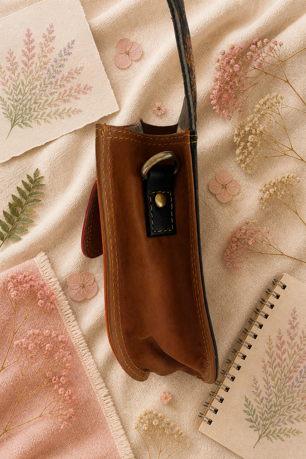 Handmade Leather Crossbody Bag - Romy - Painted Garden - Saffron featuring vibrant orange and leopard print design.