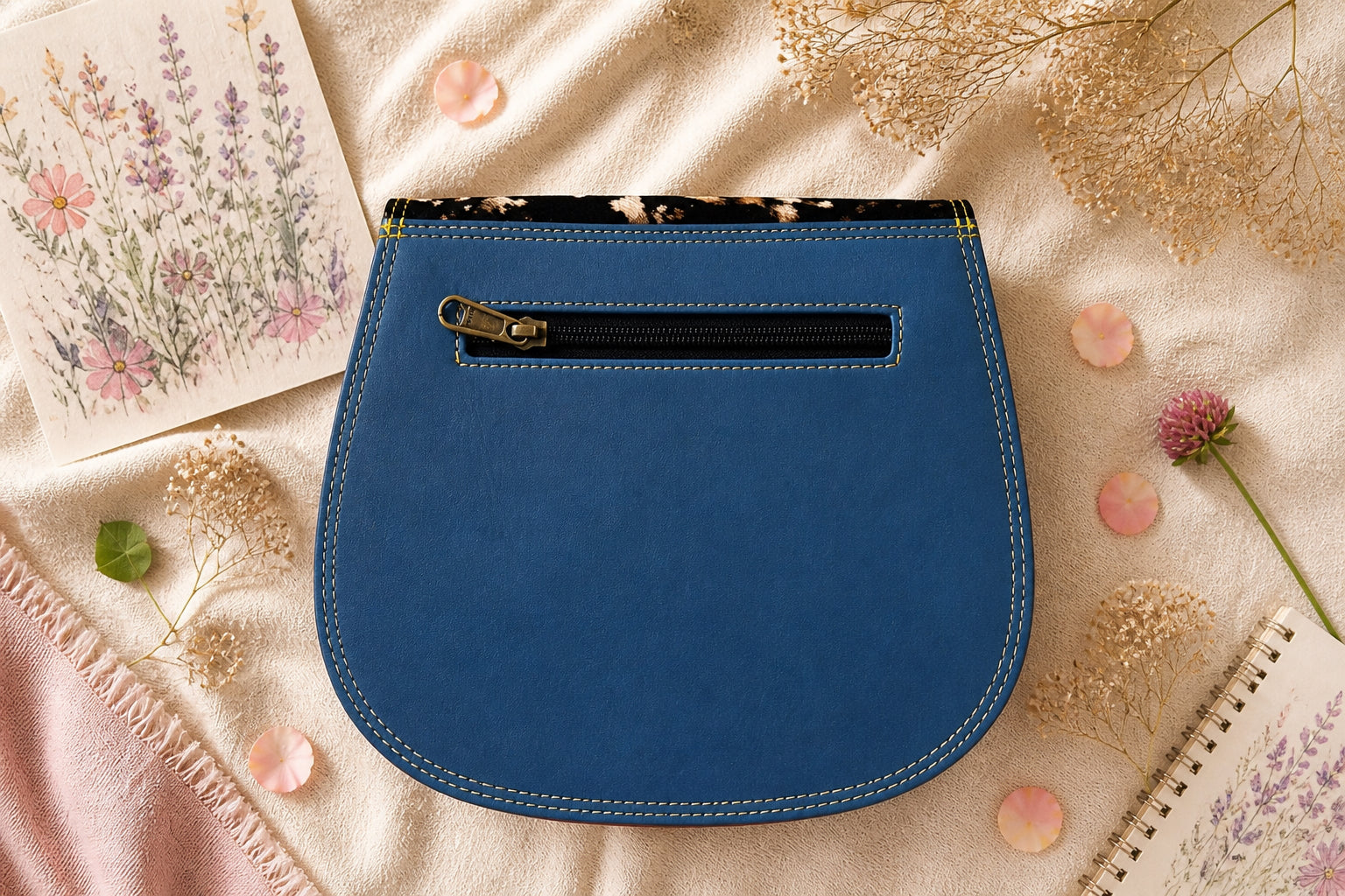 Handmade Leather Crossbody Bag - Romy - Painted Garden - Stardust displayed on a soft fabric with flowers and sketches.