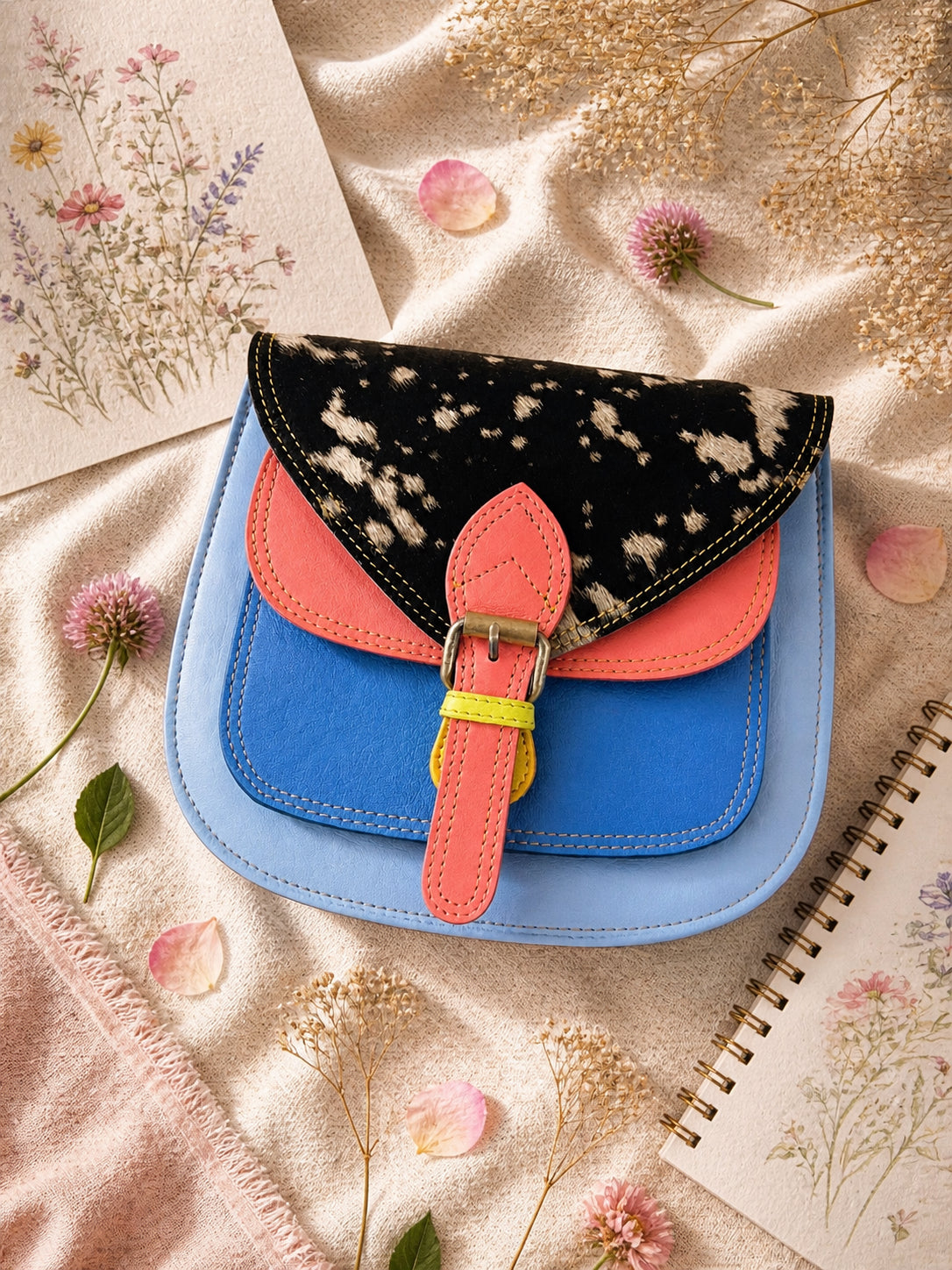 Handmade Leather Crossbody Bag - Romy - Painted Garden - Stardust displayed on a soft fabric with flowers and sketches.