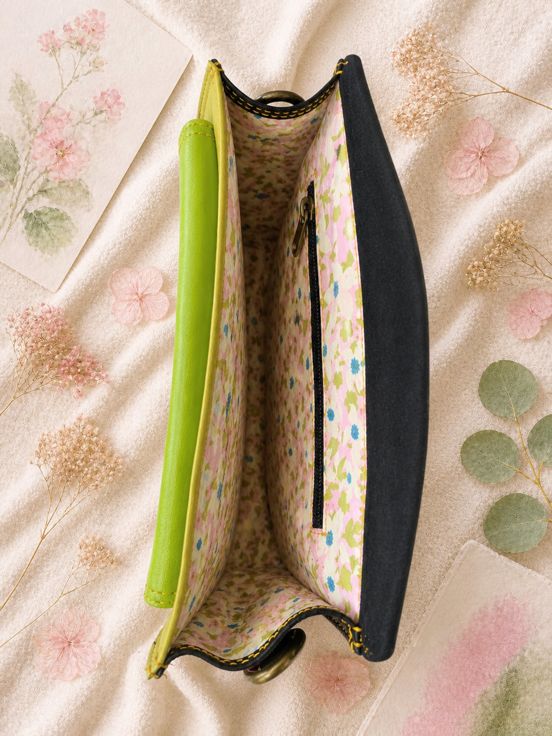 Handmade Leather Crossbody Bag in vibrant colors with leopard print flap on a textured background.