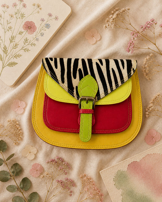 Handmade Leather Crossbody Bag - Romy with colorful zebra print and vibrant colors on a floral background.