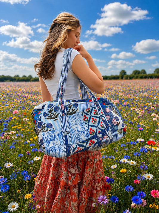 Handmade Duffle Bag - The Indria - Patchwork and Postcards - Skye
