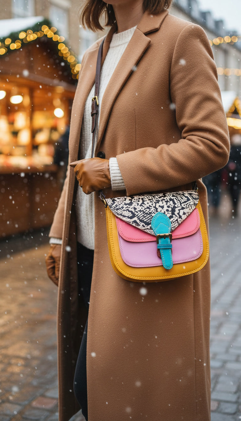 Leather Cross Body Bag - Romy -Mustard and Snakeskin