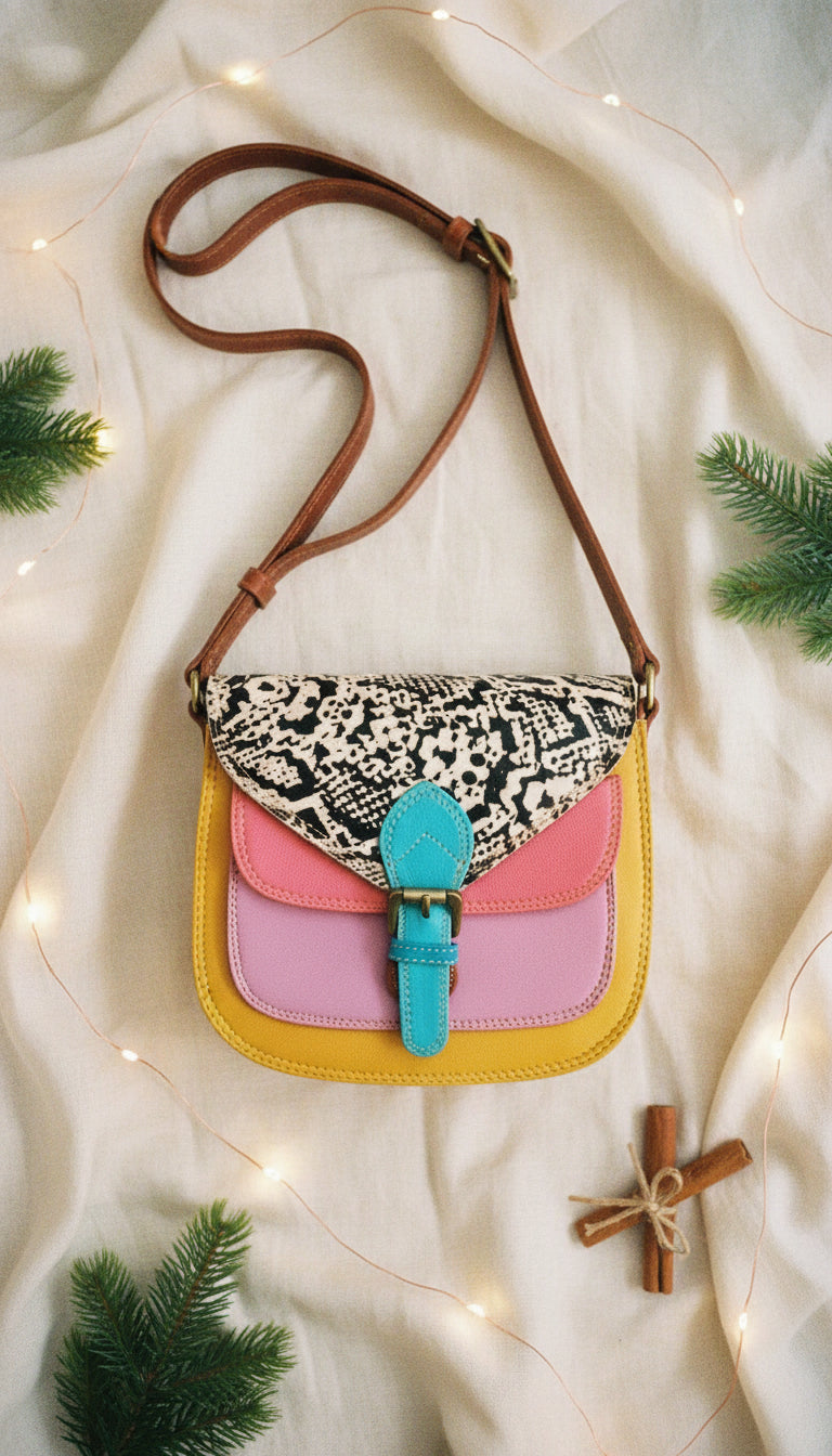 Leather Cross Body Bag - Romy -Mustard and Snakeskin