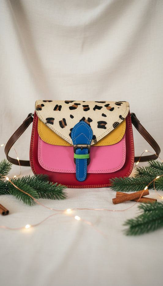 Leather Cross Body Bag - Romy -Red and Animal Print