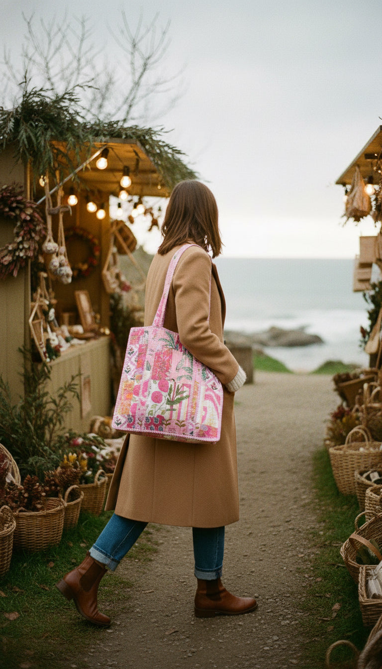 Large Tote Bag - The Willow in red with floral design, perfect for stylish and eco-conscious everyday use.