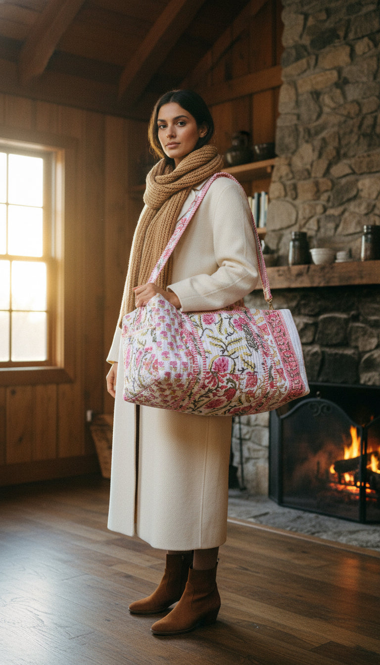 Handmade patchwork DUFFLE bag – The Indria sustainable travel duffle bag