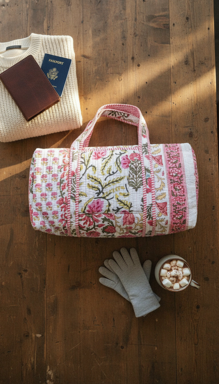 Handmade patchwork DUFFLE bag – The Indria sustainable travel duffle bag