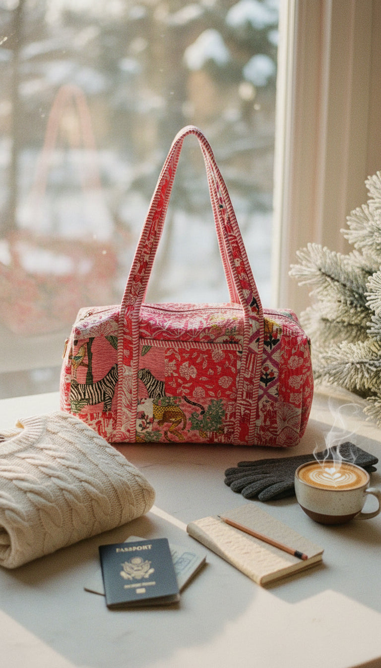 Handmade Patchwork duffle bag  The Indira - Pink