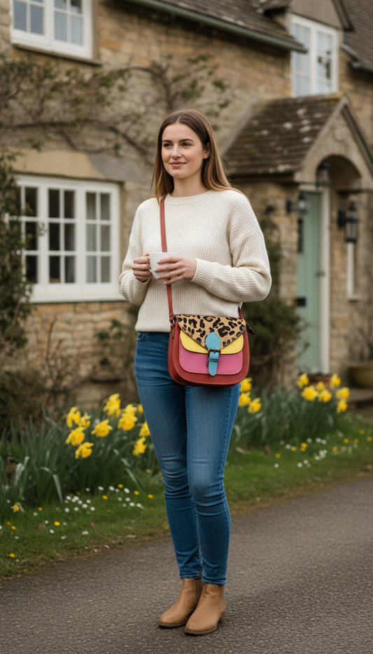 Leather Cross Body Bag - Romy -Red and Animal Print
