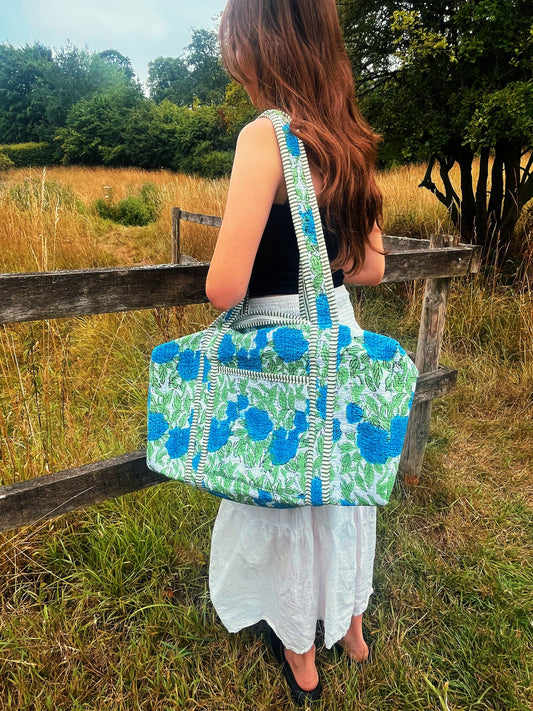 Handmade patchwork weekend bag – The Indria sustainable travel duffle bag