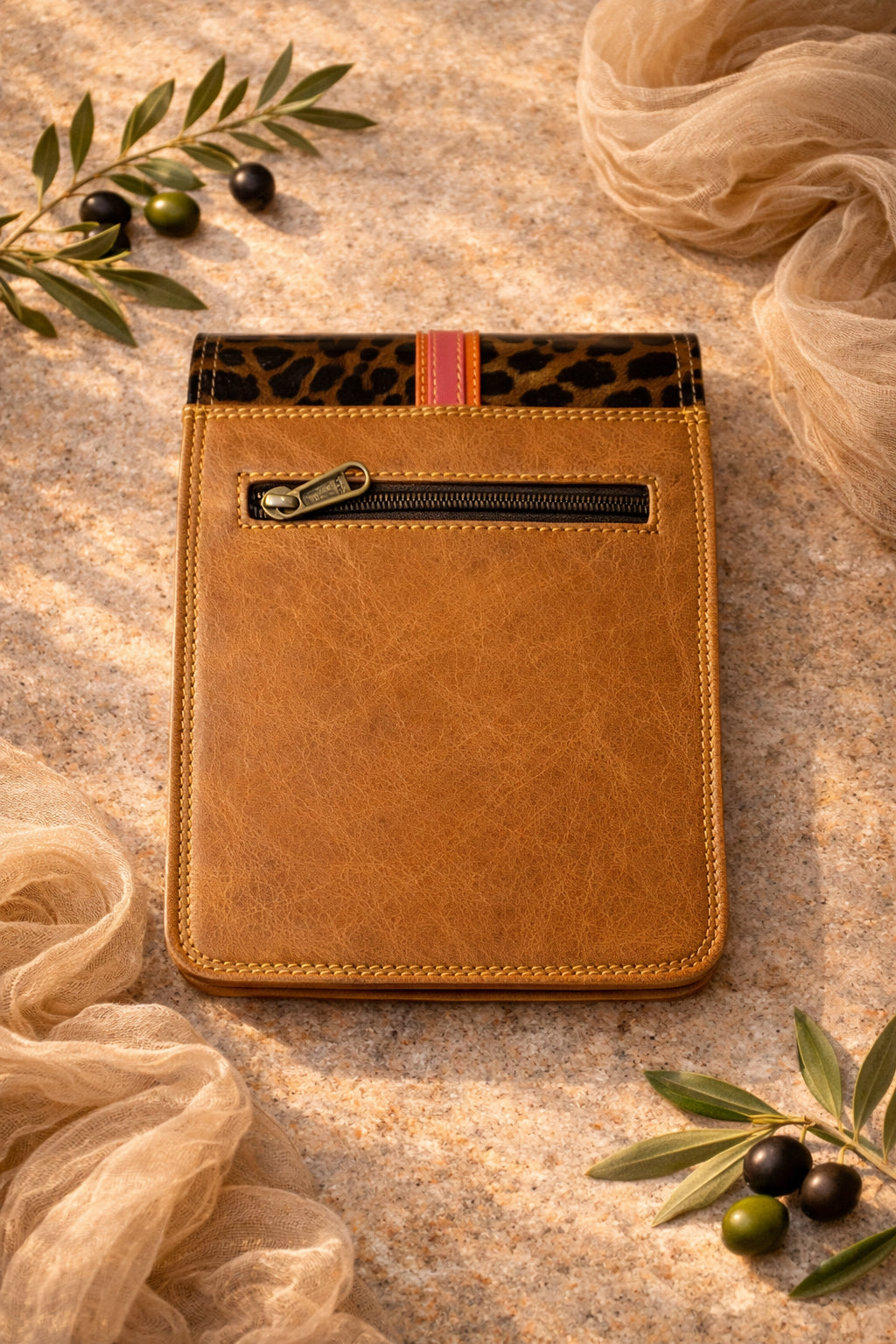 Handmade Leather Crossbody Bag - Alba in Capri Blue with leopard print flap and pink stripe.