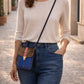 Handmade Leather Crossbody Bag - Alba in Capri Blue with leopard print flap and pink stripe.