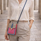 Handmade Leather Crossbody Bag with pink and blue design, featuring a spotted flap and a stylish closure.