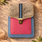 Handmade Leather Crossbody Bag with pink and blue design, featuring a spotted flap and a stylish closure.