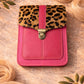 Handmade Leather Crossbody Bag - Alba in Capri Blue with leopard print flap and pink stripe.