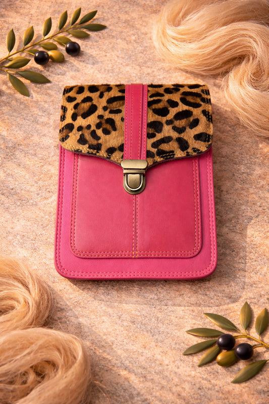 Handmade Leather Crossbody Bag - Alba in Capri Blue with leopard print flap and pink stripe.