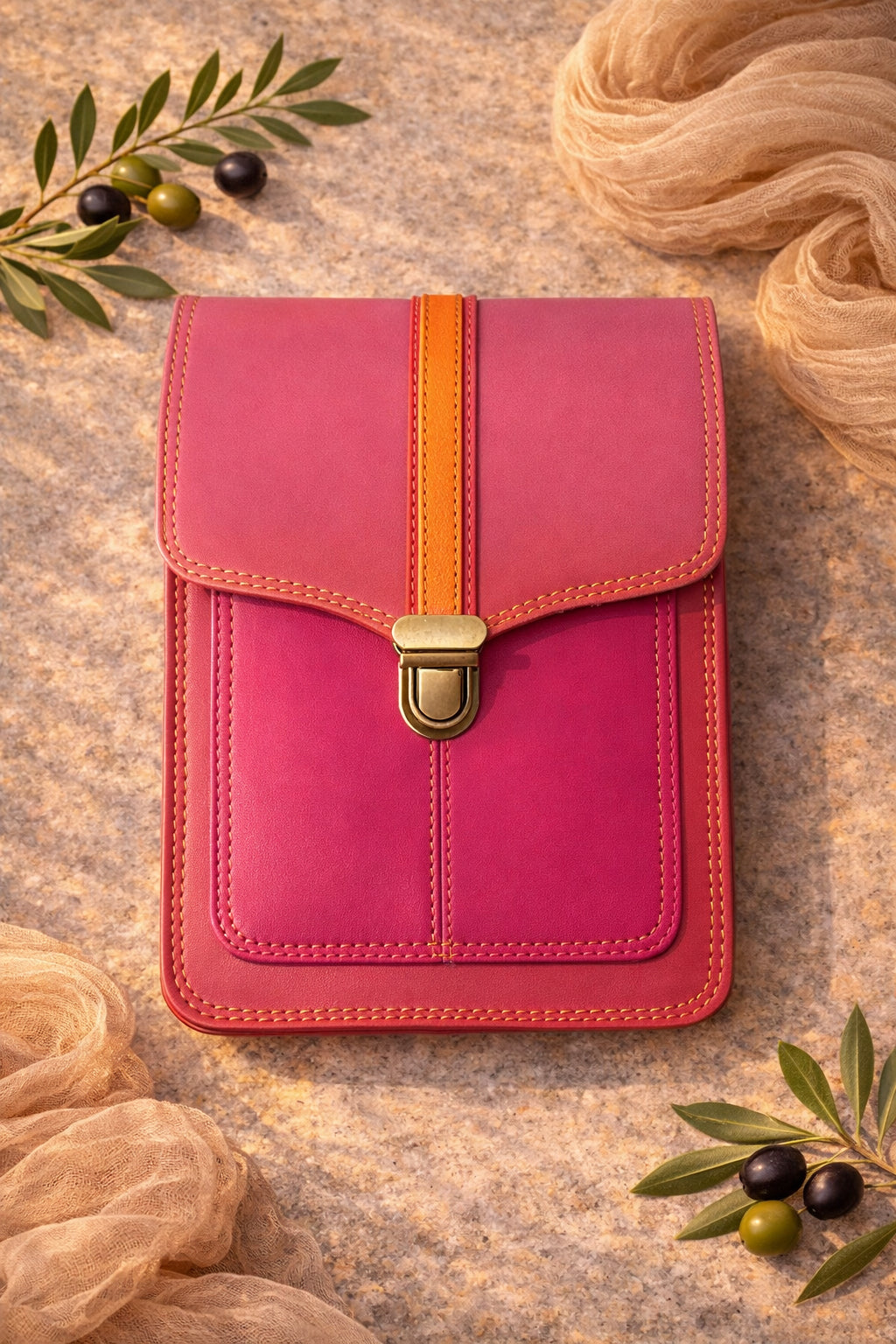 Handmade Leather Crossbody Bag in vibrant pink and orange tones, set against a textured background with greenery.