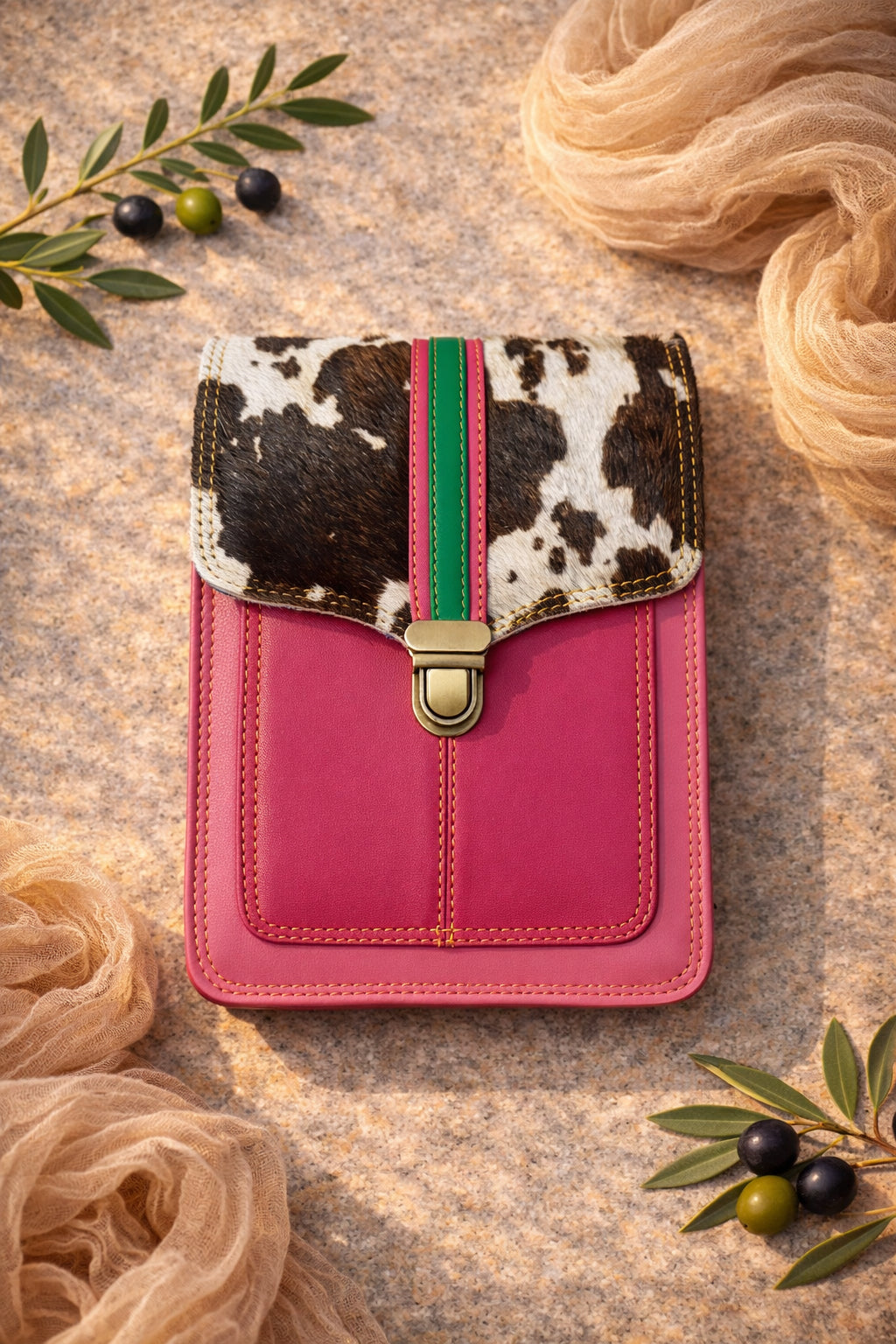 Handmade Leather Crossbody Bag - Alba in Capri Blue with leopard print flap and pink stripe.