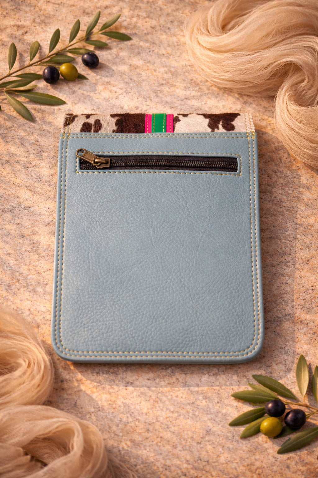 Handmade Leather Crossbody Bag - Alba in Capri Blue with leopard print flap and pink stripe.