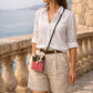 Handmade Leather Crossbody Bag - Alba in Capri Blue with leopard print flap and pink stripe.