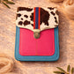 Handmade Leather Crossbody Bag - Alba in Capri Blue with leopard print flap and pink stripe.