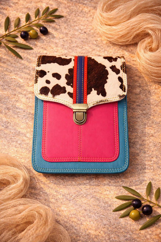 Handmade Leather Crossbody Bag - Alba in Capri Blue with leopard print flap and pink stripe.