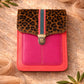 Handmade Leather Crossbody Bag - Alba - Permanence - Tramonto Rosa in vibrant colors with leopard print flap.