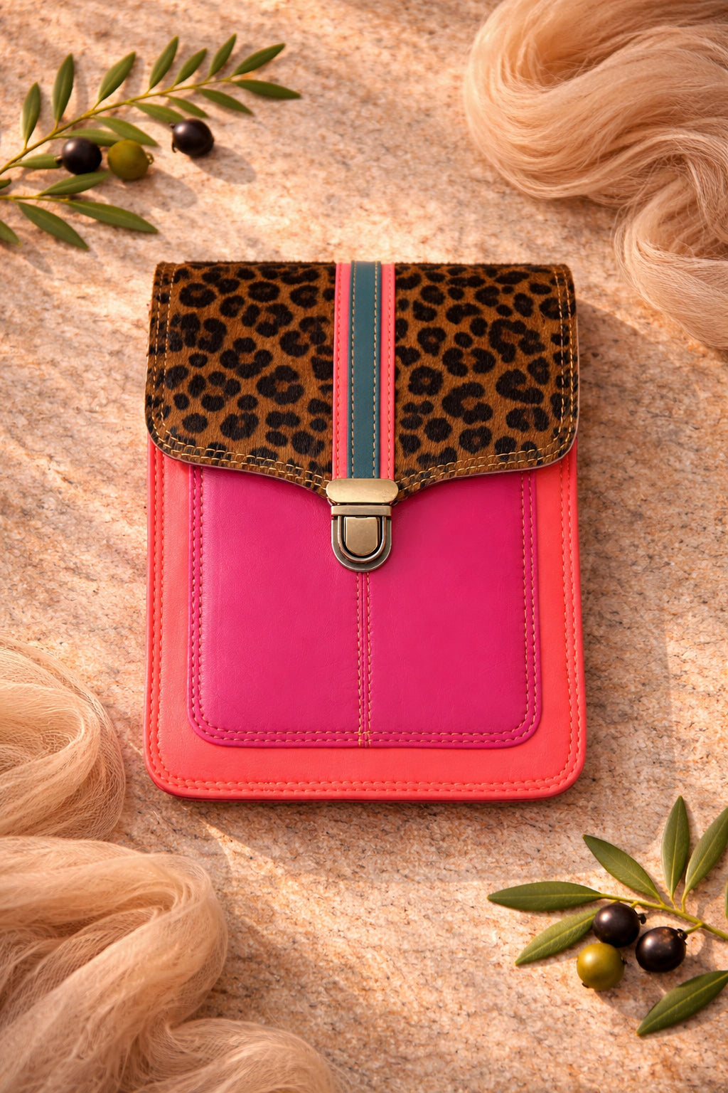 Handmade Leather Crossbody Bag - Alba - Permanence - Tramonto Rosa in vibrant colors with leopard print flap.