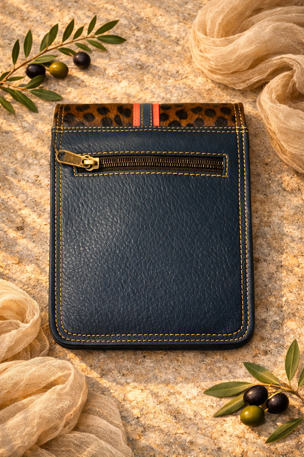 Handmade Leather Crossbody Bag - Alba - Permanence - Tramonto Rosa in vibrant colors with leopard print flap.