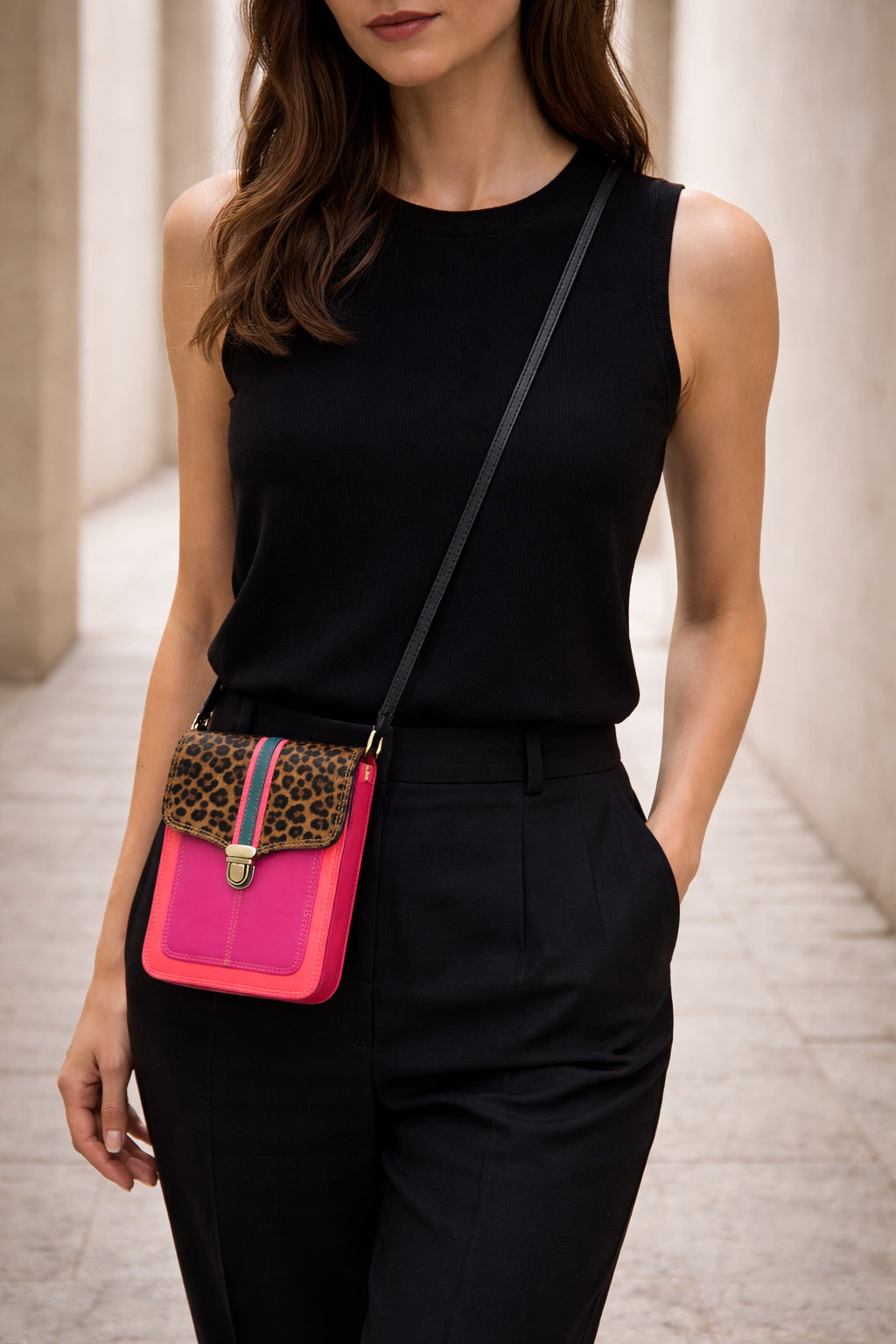 Handmade Leather Crossbody Bag - Alba - Permanence - Tramonto Rosa in vibrant colors with leopard print flap.