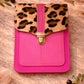 Handmade Leather Crossbody Bag with leopard print flap and pink body, stylish and practical for everyday use.