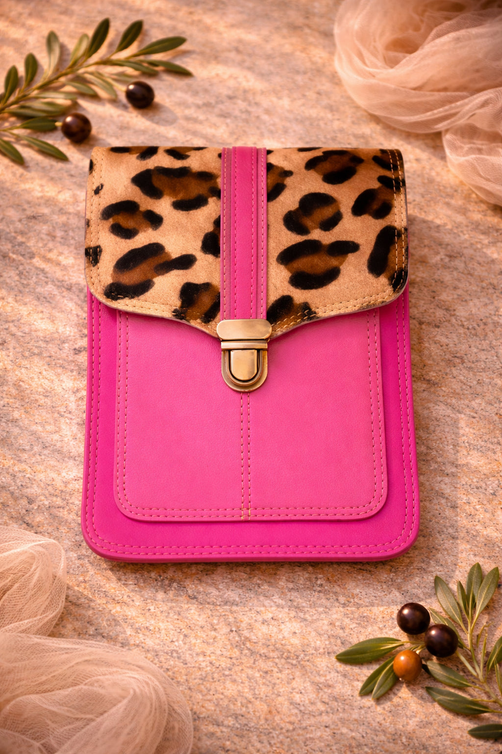 Handmade Leather Crossbody Bag with leopard print flap and pink body, stylish and practical for everyday use.