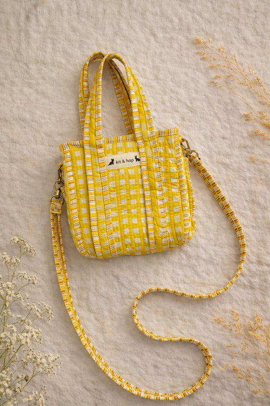 Handmade Cotton Mini Tote Bag - Lila in a yellow checked pattern, featuring adjustable straps and a soft, lightweight design.