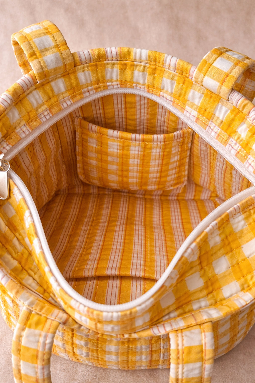 Handmade Cotton Mini Tote Bag - Lila in a yellow checked pattern, featuring adjustable straps and a soft, lightweight design.