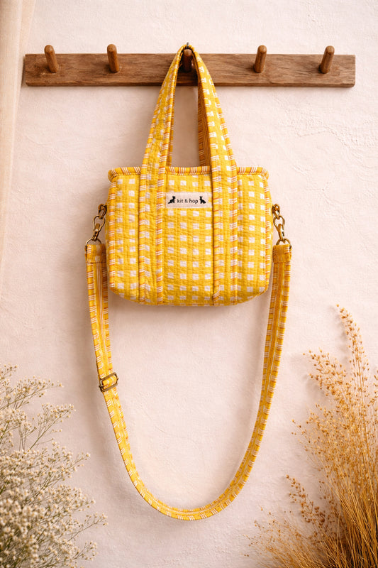 Handmade Cotton Mini Tote Bag - Lila in a yellow checked pattern, featuring adjustable straps and a soft, lightweight design.