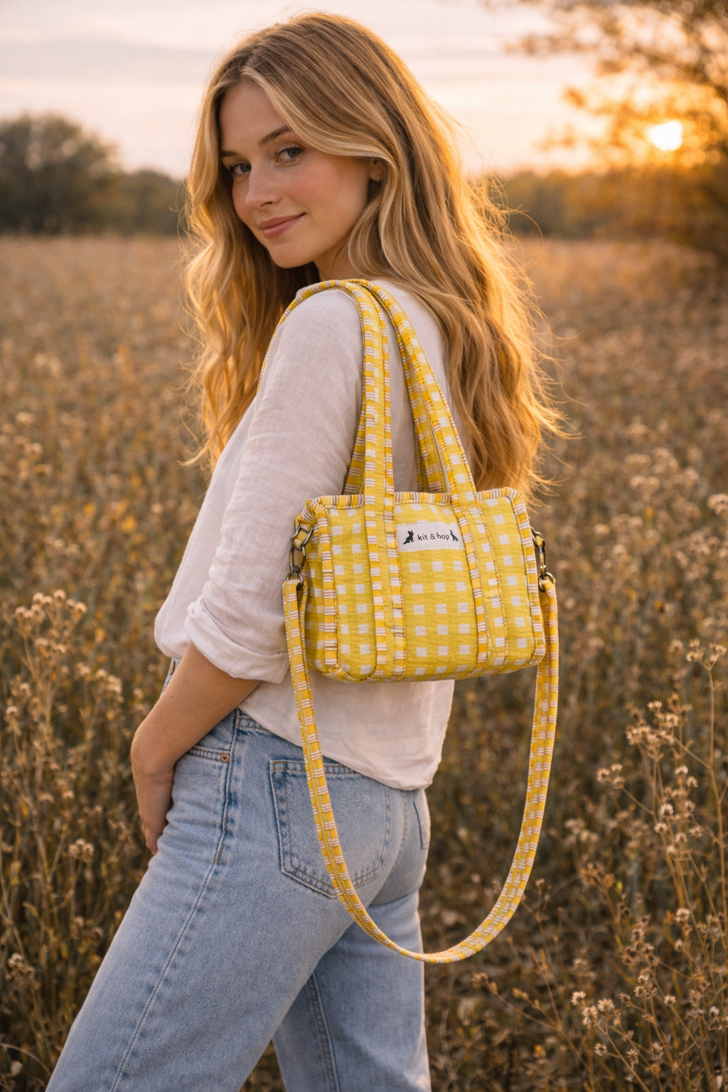 Handmade Cotton Mini Tote Bag - Lila in a yellow checked pattern, featuring adjustable straps and a soft, lightweight design.