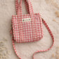 Handmade Cotton Mini Tote Bag in pink checkered pattern, hanging on a wooden hook, perfect for everyday use.