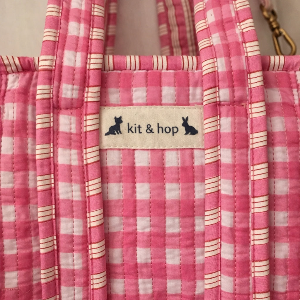 Handmade Cotton Mini Tote Bag in pink checkered pattern, hanging on a wooden hook, perfect for everyday use.