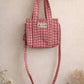 Handmade Cotton Mini Tote Bag in pink checkered pattern, hanging on a wooden hook, perfect for everyday use.