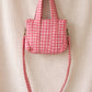 Handmade Cotton Mini Tote Bag in pink checkered pattern, hanging on a wooden hook, perfect for everyday use.