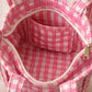 Handmade Cotton Mini Tote Bag in pink checkered pattern, hanging on a wooden hook, perfect for everyday use.