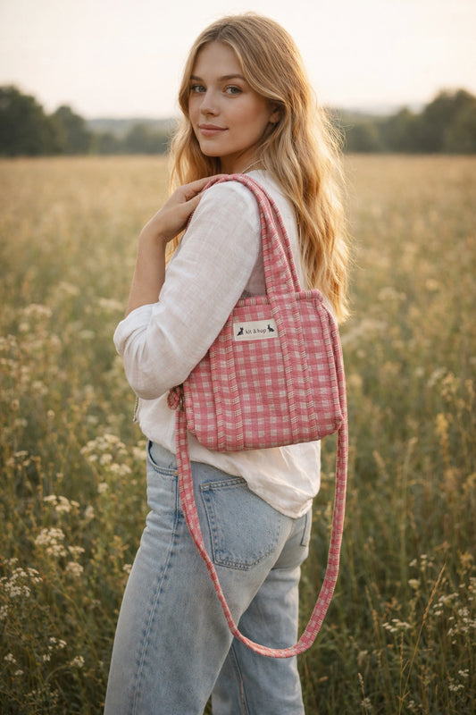 Handmade Cotton Mini Tote Bag in pink checkered pattern, hanging on a wooden hook, perfect for everyday use.
