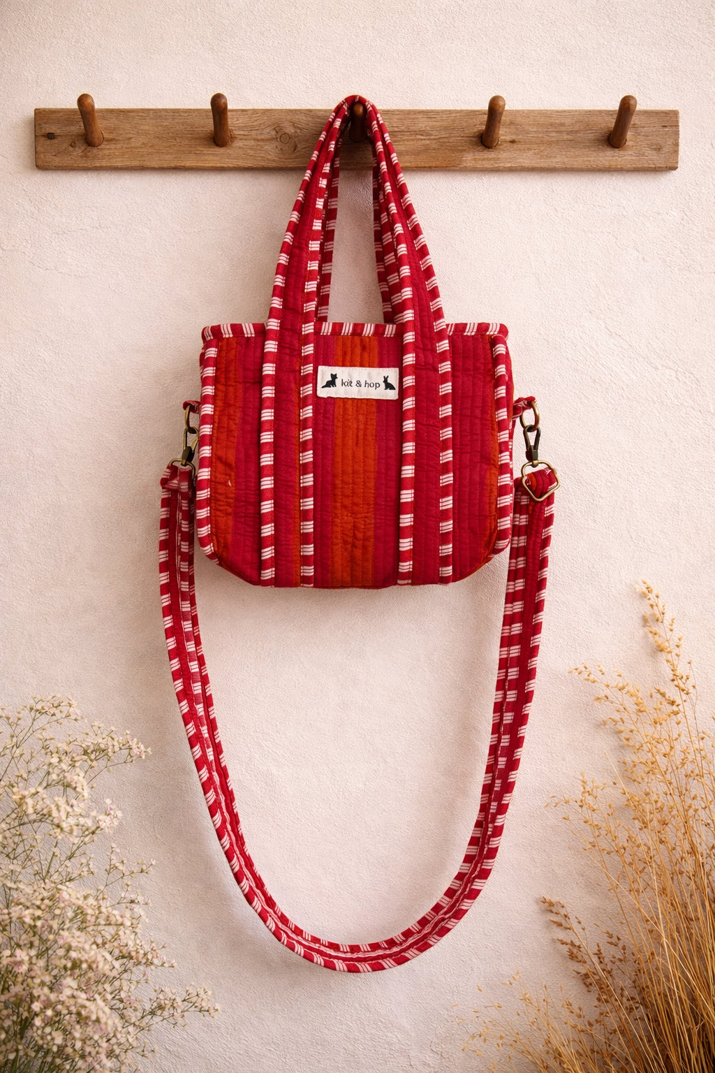 Handmade Cotton Mini Tote Bag - Lila - Wild Meadow - Peony displayed on a wall hook with floral background.